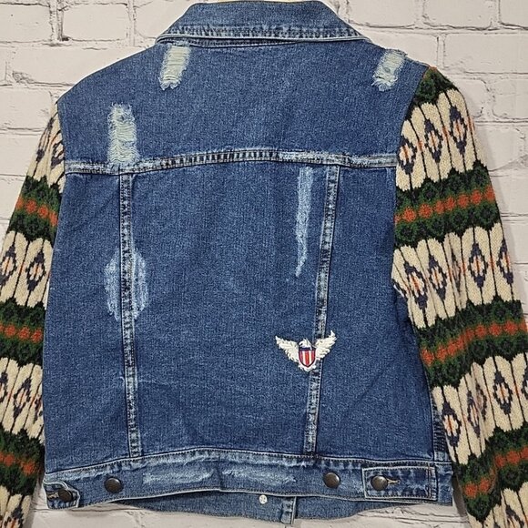 Free People Jean Jacket Boho Sweater Sleeves Distressed Womens Size M - Picture 7 of 10
